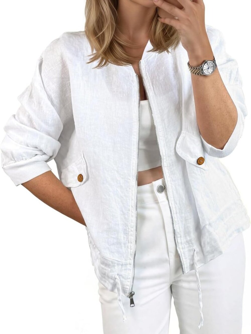 Lightweight Linen Bomber Jacket for Women - Summer Cotton Zip-Up Coat
